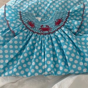 Smocked Blue Polka Dot Kids Dress with Crab Embroidery